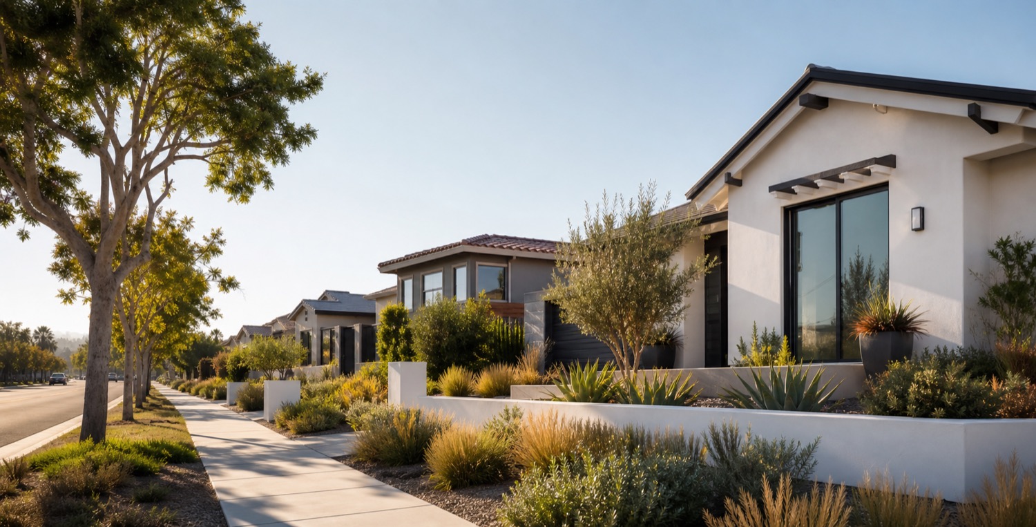 Sunny California neighborhood with modern homes for home buyers and sellers